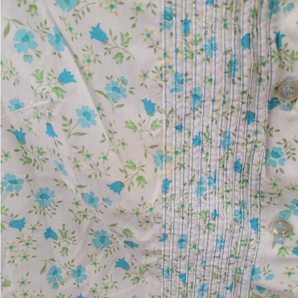 Vintage Floral Blue‎ Green Tuxedo Pleat Romantic Coquette Short Sleeve Blouse - Picture 9 of 10